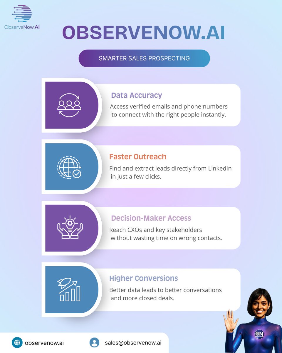 ObserveNowAI's tweet photo. Your pipeline doesn’t need more leads—it needs the right ones.

ObserveNow AI equips your team with verified CXO intelligence, intent-led targeting, and faster prospecting workflows, so every outreach lands where it matters. Less noise, more signal. Less chasing, more closing. https://t.co/3Z3xRkecBk