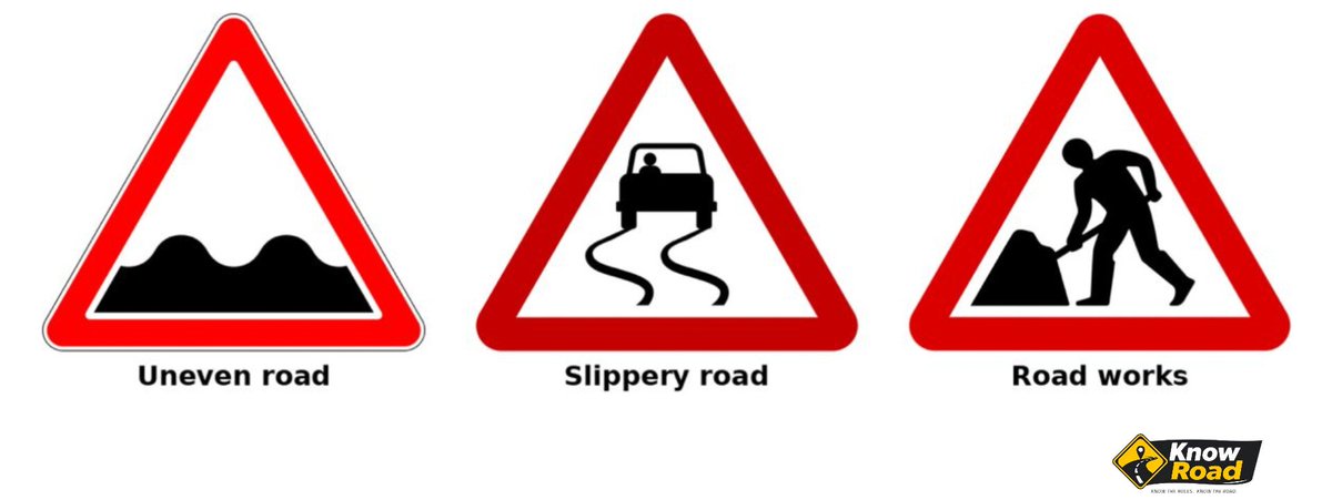 Know_RoadNG's tweet photo. ⚠️ #KnowRoad Still in Week 2 of our series.
 
Today we’re looking at hazard warning signs. These triangular signs with red borders warn you about road conditions that require lower speeds. Recognising them keeps you safe and protects your vehicle.

🚧 Uneven Road – This sign shows bumps or dips ahead. It warns you of speed bumps, dips or rough road surfaces. Slow down to avoid damaging your suspension or losing control. It’s usually placed within 30 m of the first bump.

💧 Slippery Road – When you see a car skidding inside a triangle, the road may be slippery due to rain, oil or loose gravel. Reduce speed, avoid sudden braking and keep extra distance from the vehicle ahead.

👷 Road Works – A triangular sign showing a worker warns that temporary construction is in progress. Slow down, watch for equipment and give workers space. On dual carriageways the sign is repeated on the left median