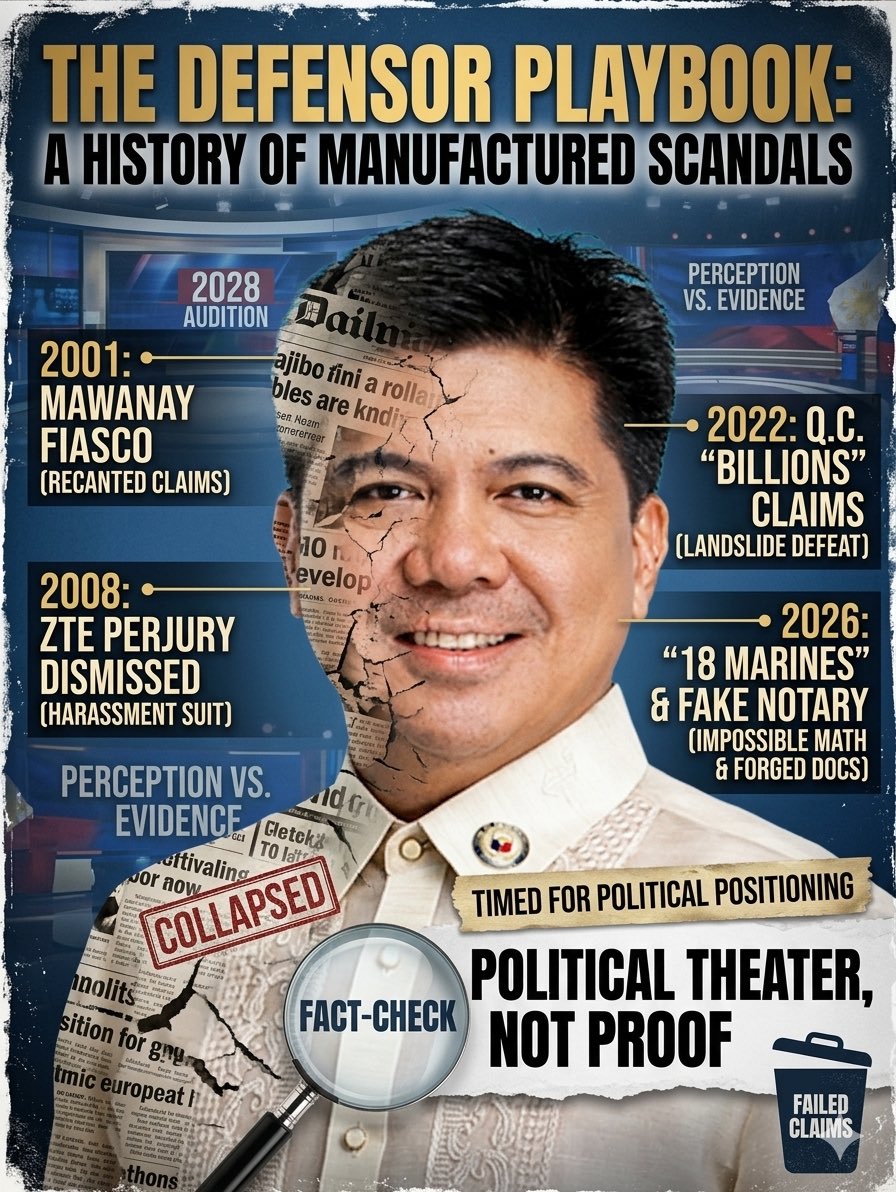 🚨MIKE DEFENSOR’S MANUFACTURED HISTORY OF SCANDALS  

Before weighing the current accusations against President Marcos Jr and Former Speaker Romualdez, it is essential to review Mike Defensor’s track record of "exposés" that failed to deliver:

.
1. 2001: The Ador Mawanay Fiasco