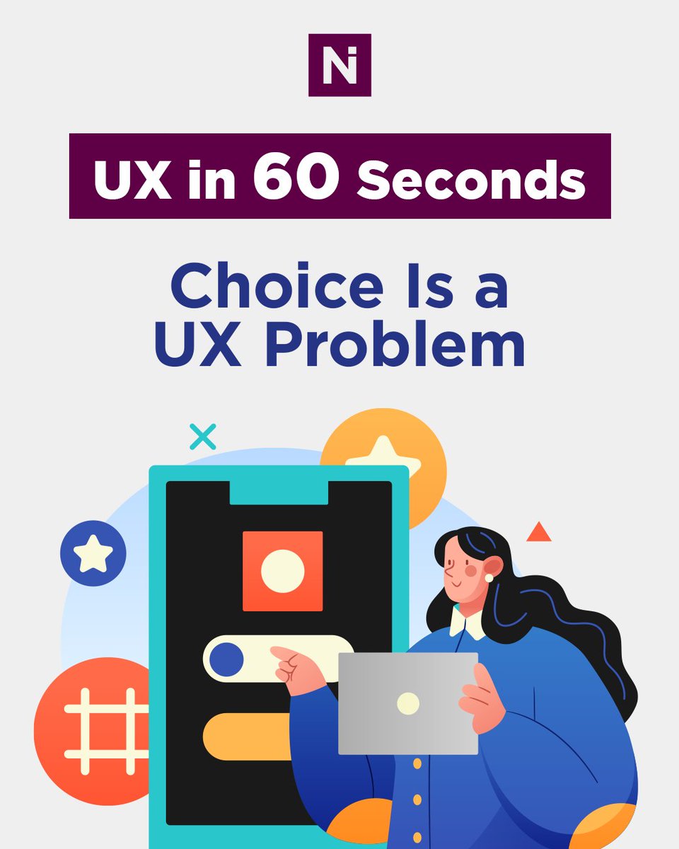 NetiksInt's tweet photo. UX in 60 Seconds: "Choice Is a UX Problem"

More options don’t create freedom.
They create hesitation.

Good UX guides decisions instead of forcing them.

#UXIn60Seconds #UXStrategy #DecisionDesign #EnterpriseUX #ProductDesign https://t.co/QZBY5C5E7K