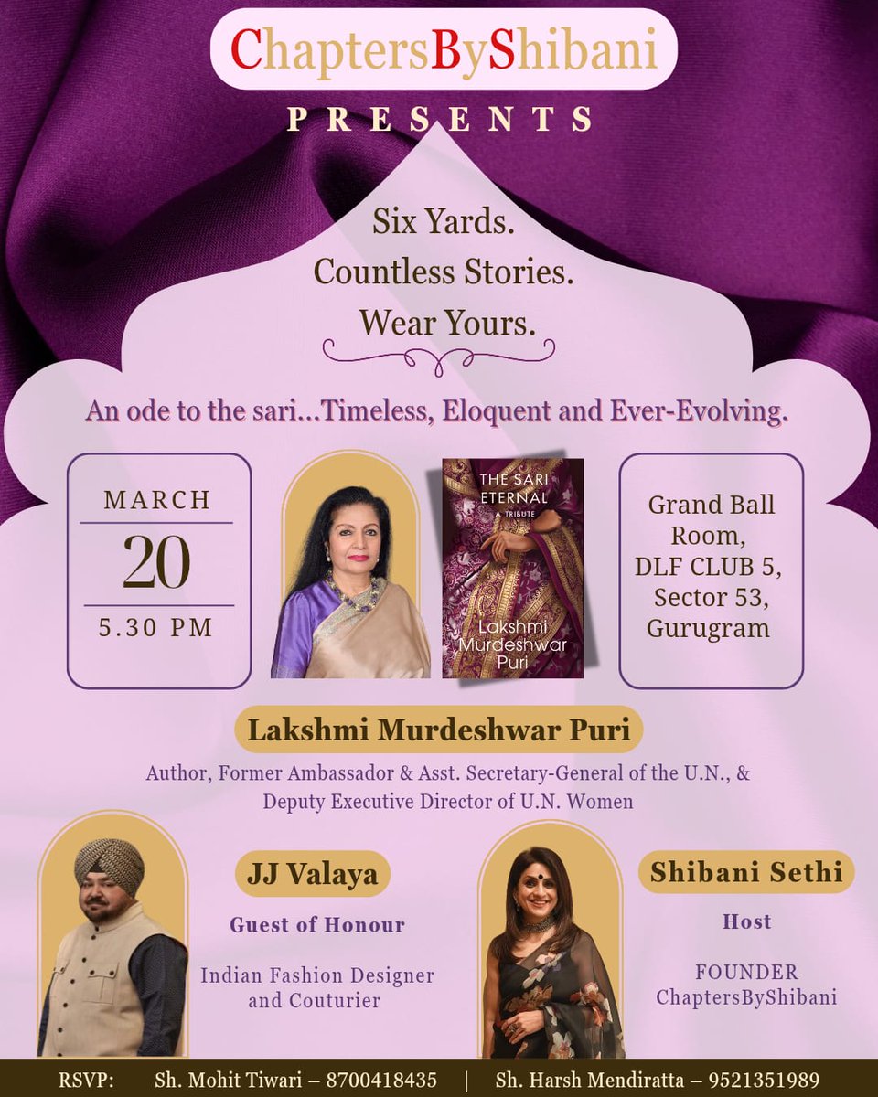 lakshmiunwomen's tweet photo. Six yards. Countless stories. And each one, uniquely our own.

Looking forward to an engaging evening with ChaptersByShibani, reflecting on The Sari Eternal - a journey through heritage, identity, and the quiet power of a garment that has endured and evolved with every generation.
Join us as we celebrate the sari not just as attire, but as expression.

📍 DLF Club 5, Gurugram
🗓 20 March | 5 : 30 PM