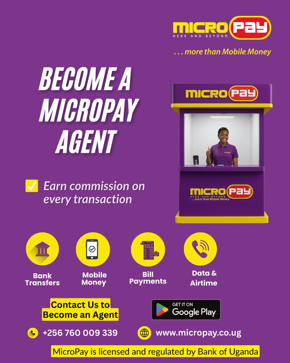 MicroPayug's tweet image. Looking for a way to grow your income? Become a MicroPay Agent! Earn commissions on every transaction, from bank transfers and mobile money to bill payments and airtime. 
 Contact us at +256 760 009 339 to start your journey!
#micropay #BankOfUganda #MicroPayAgent #AgentBanking