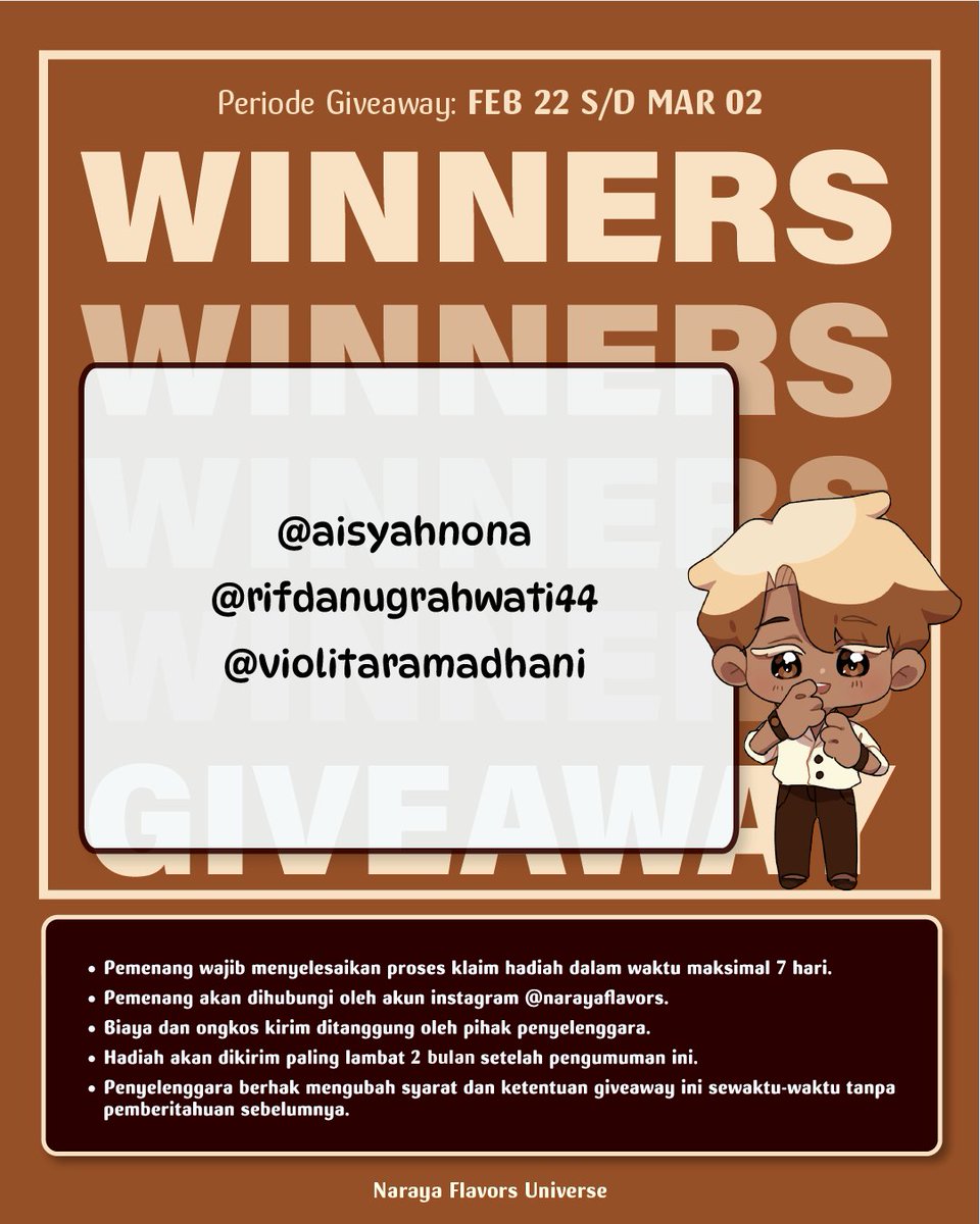🎁 WINNER ANNOUNCEMENT! 🎁
Terima kasih untuk semua yang sudah berpartisipasi, dan selamat kepada 3 pemenang giveaway 

Tunggu DM dari <a href="/narayaflavors/">Naraya Flavors Universe</a> untuk proses klaim Naraya Ikawa Toast-mu 🍞

*Syarat dan Ketentuan Berlaku

#NarayaFlavors #NAFU