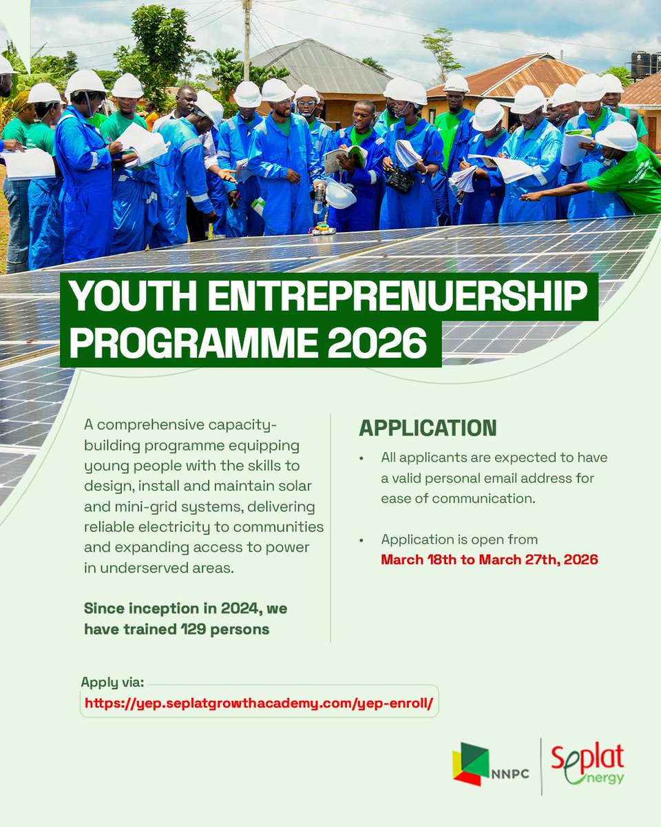 Applications are now open for the 2026 Seplat Youth Entrepreneurship Programme.

Since its inception, the programme has empowered young Nigerians with practical renewable energy skills and real-world experience, preparing them to support energy access solutions and build