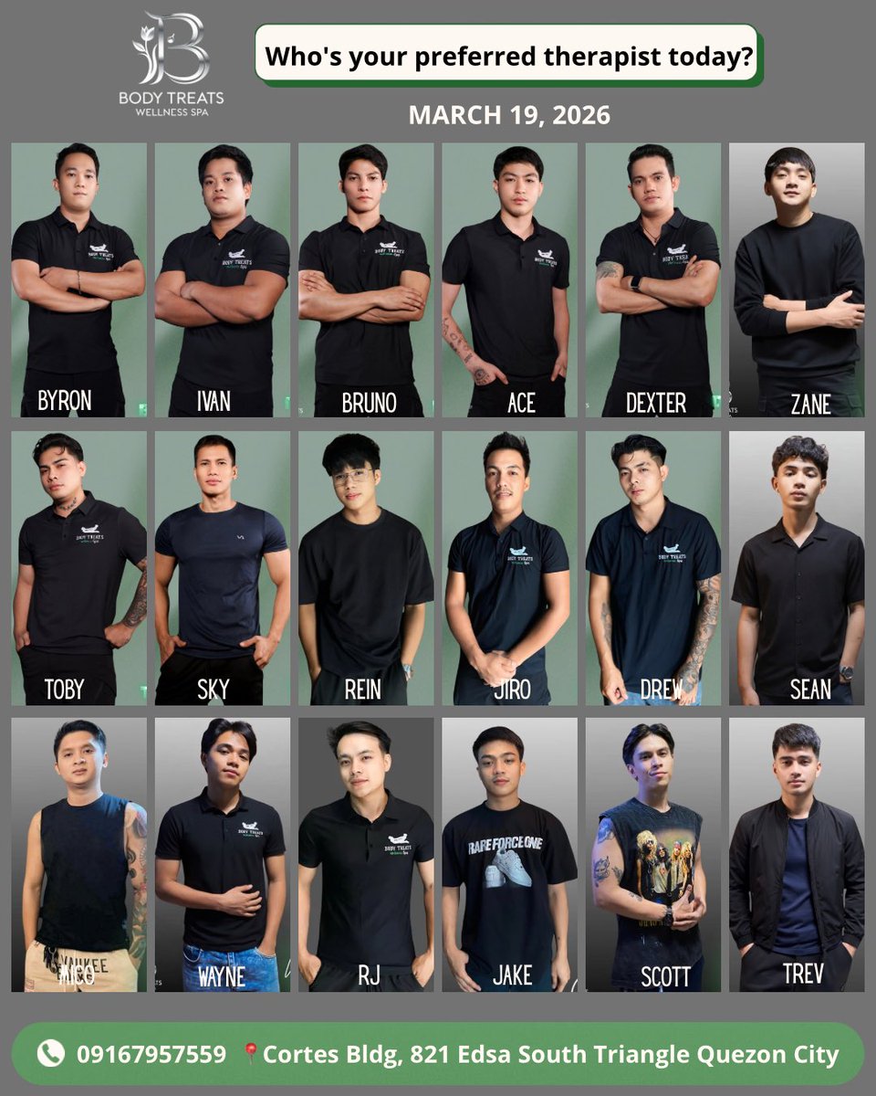 Our therapists are ready to serve you this Thursday. 💆‍♂️
Choose your preferred therapist and enjoy a relaxing massage today.

⏰ Business Hours: 2:00 PM – 4:00 AM
🚶 Walk-in services available
🏨 Home / Hotel service available

📍 Cortez Bldg., 821 EDSA South Triangle, Quezon City