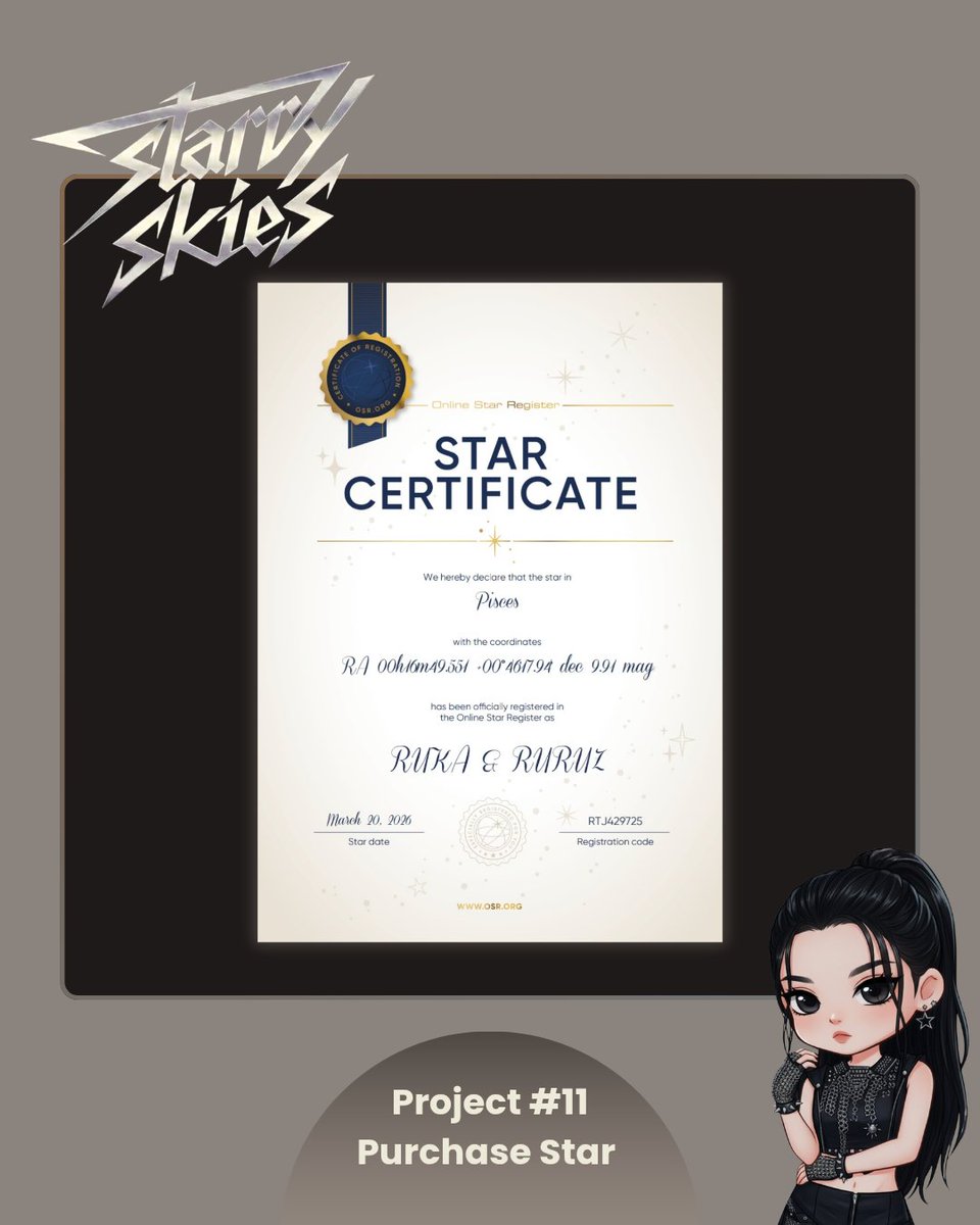 #STARRYSKIES project #11 :
Purchase star For #RUKA &amp; Ruruz

24 years of RUKA 🦥 one symbol, one action: Buying stars in the sky for RUKA &amp; Ruruz ✨️

#MARCHWITHRUKADAY
#KAWAIRKPROJECT