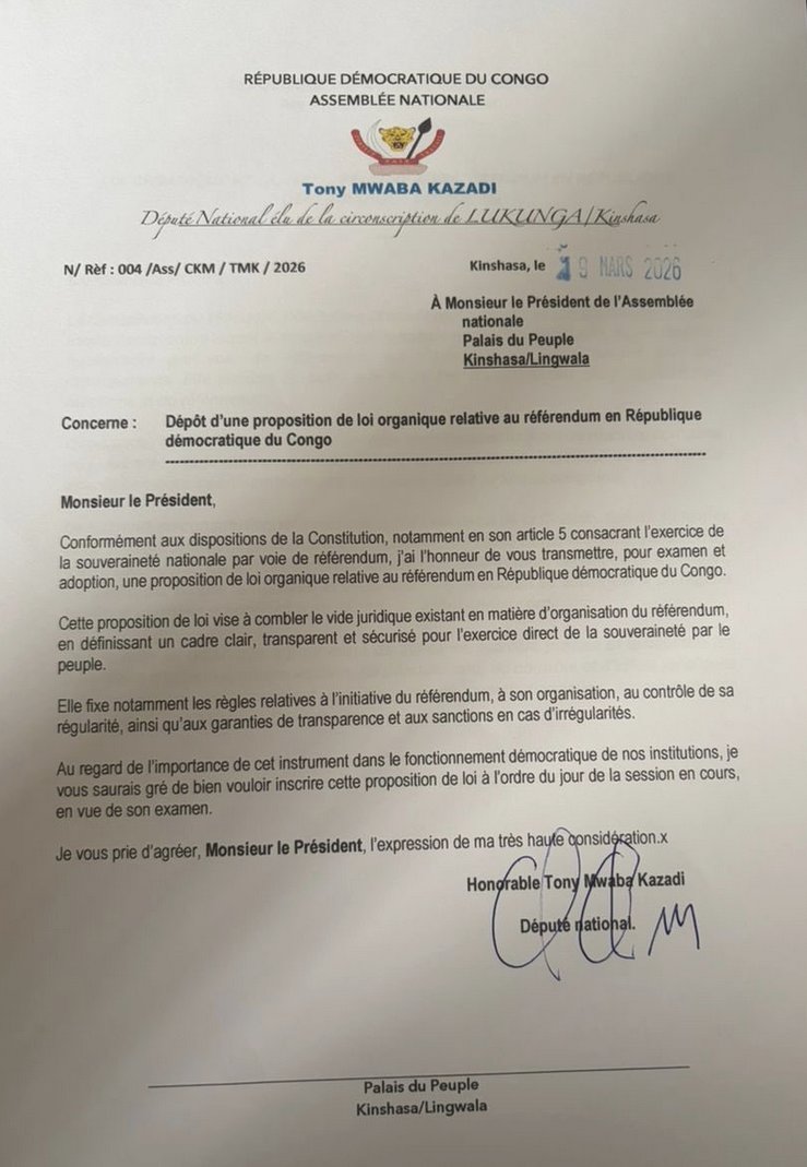 ERIC_WEMBA1's tweet photo. #RDC Le député #UDPS Tony #Mwaba Kazadi vient de déposer à l’Assemblée nationale une proposition de loi organique relative au #référendum, afin "de définir un cadre clair, transparent et sécurisé pour l'exercice direct de la souveraineté par le peuple". https://t.co/S12IGMXqks