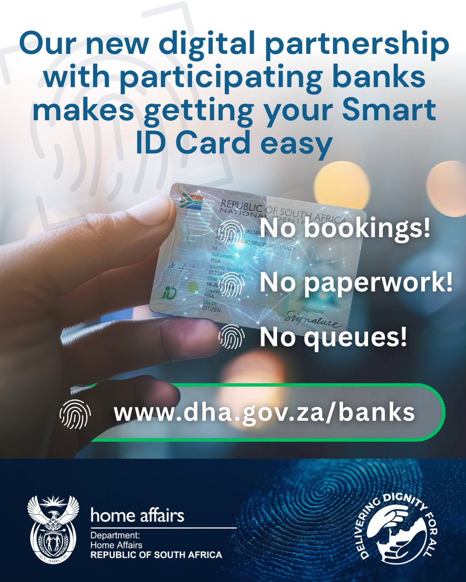 HomeAffairsSA's tweet photo. Applying for your Smart ID Card at a participating Bank branch listed on: https://t.co/LXKYvP9wLP is an easy and convenient process! No bookings, No paperwork, No queues! (re-issue only). #DeliveringDignityForAll https://t.co/7P9KSSDexd