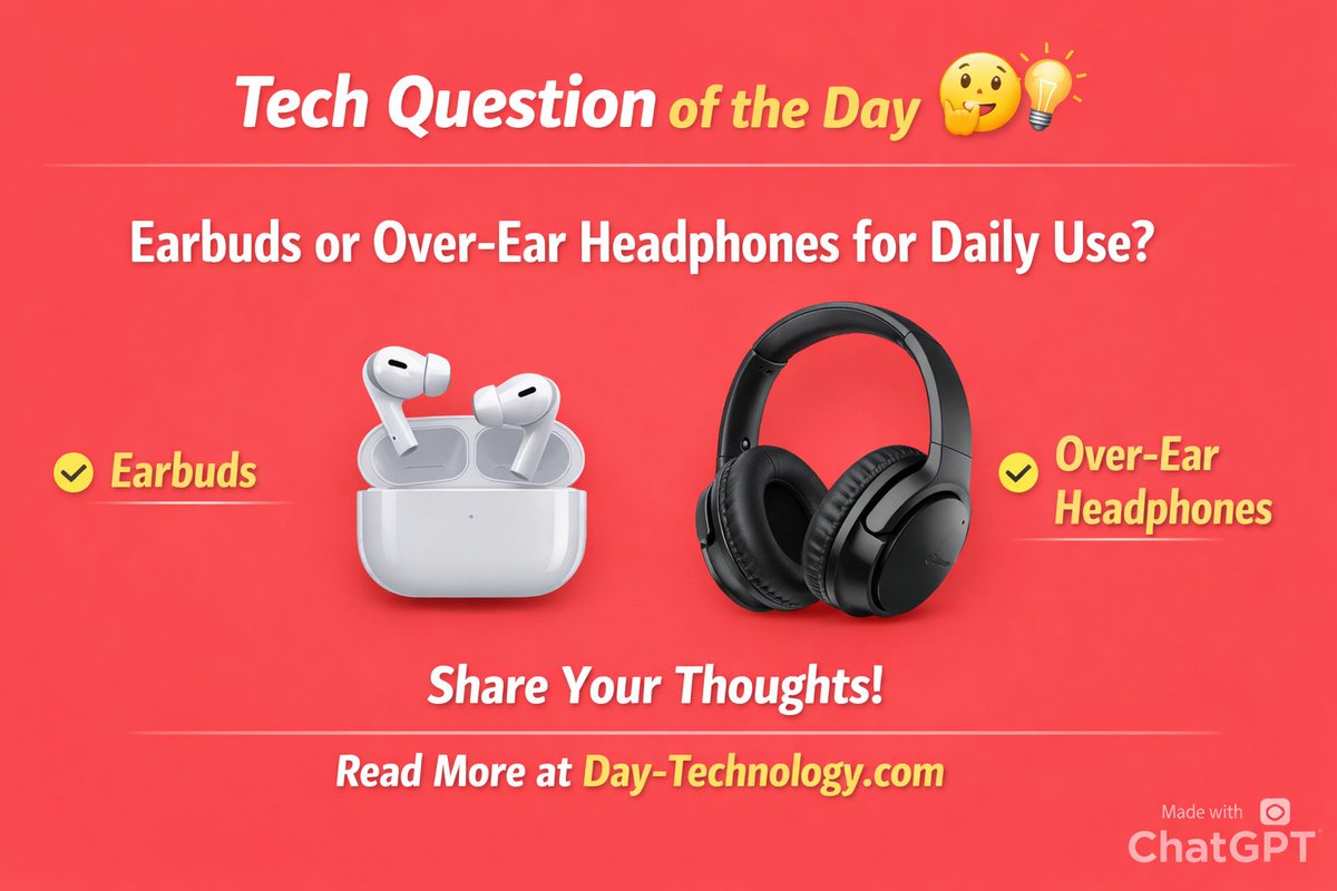 DayTechnology1's tweet photo. Tech Question of the Day 🤔💡

Do you prefer earbuds 🎧 or over-ear headphones 🎧 for daily use?

Tell us why 👇
Read more tech content ➡️ https://t.co/CbcCX9ZtYT
#TechQuestion #AudioTech #Earbuds #Headphones #Gadgets #DayTechnology https://t.co/fj8wfpXTtT