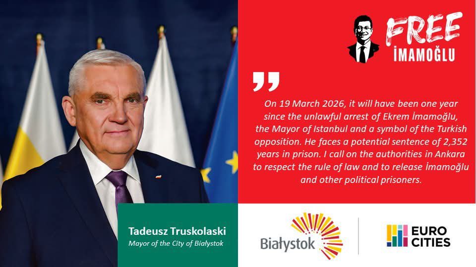 TTruskolaski's tweet photo. Wspieram akcję @EUROCITIES w obronie burmistrza Stambułu @ekrem_imamoglu i innych więźniów politycznych w Turcji. Prawa człowieka i praworządność to fundament demokracji. Nie bądźmy obojętni. https://t.co/Yv66d3EZ65