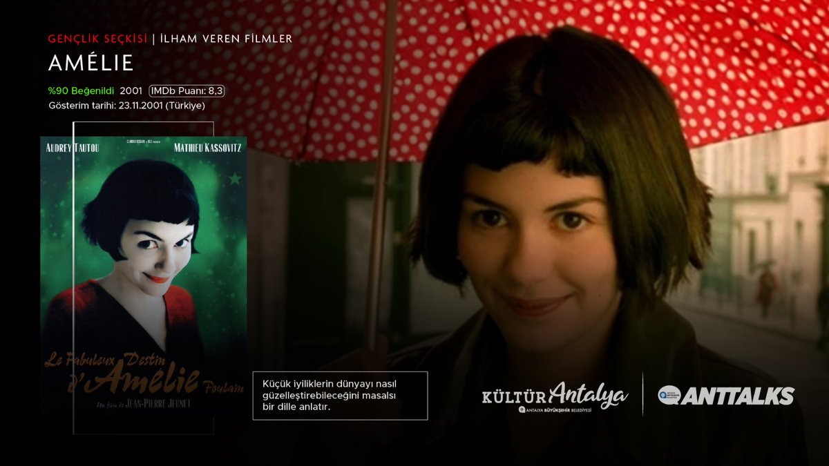 antkultur's tweet photo. İlham Veren Filmler Serisi – Gençlik Seçkisi’nde bu hafta: Amelie
Küçük mutlulukların, iyiliğin ve hayata farklı bir pencereden bakmanın hikayesi…
Bazen en büyük değişim, başkalarının hayatına dokunan küçük bir adımla başlar. 🎬✨
#Amelie #İlhamVerenFilmler #GençlikSeçkisi https://t.co/wAX5yyyIHx