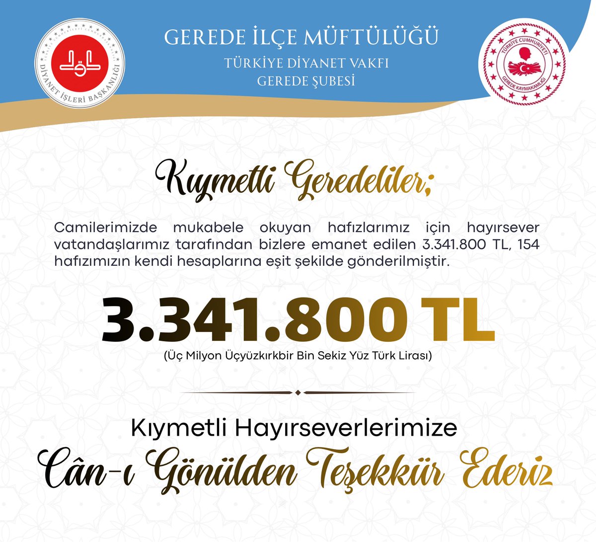 Kıymetli hemşehrilerimizin destekleriyle Ramazan ayı boyunca camilerimizde mukabele okuyan hafızlarımız için emanet edilen 3.341.800 TL, 154 hafızımıza eşit şekilde ulaştırılmıştır.

Tüm bağışçılarımıza gönülden teşekkür eder, iyiliklerin kabulünü Yüce Rabbimizden niyaz ederiz.