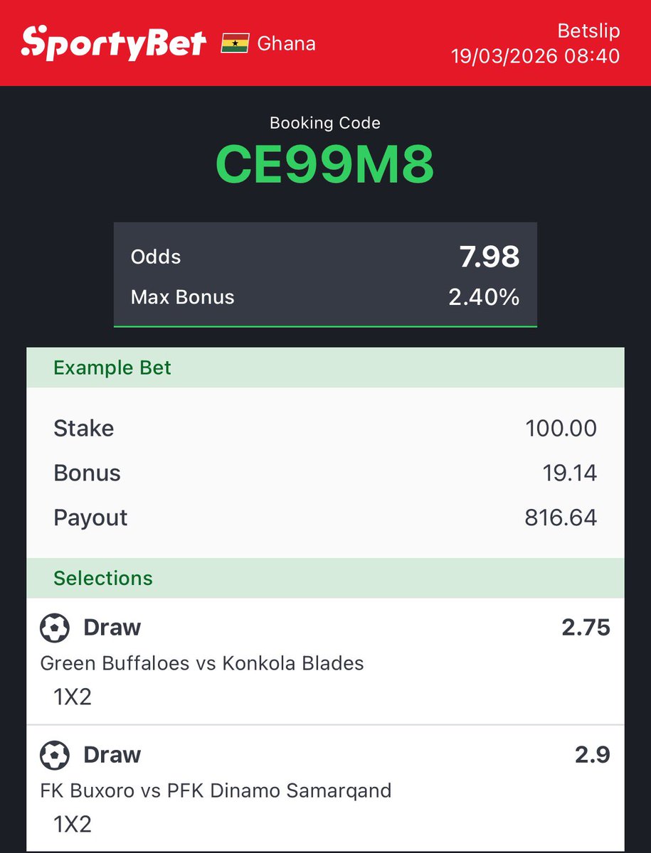 bingoodds's tweet photo. Double draw combo 🔥⚽️ Booking Code: CE99M8
Odds: 7.98 — Let’s cash out 💰
#SportyBet #BettingTips #DrawGames #FootballPredictions #SureOdds #GhanaBettors #WinningTips https://t.co/1jveRvO0fH