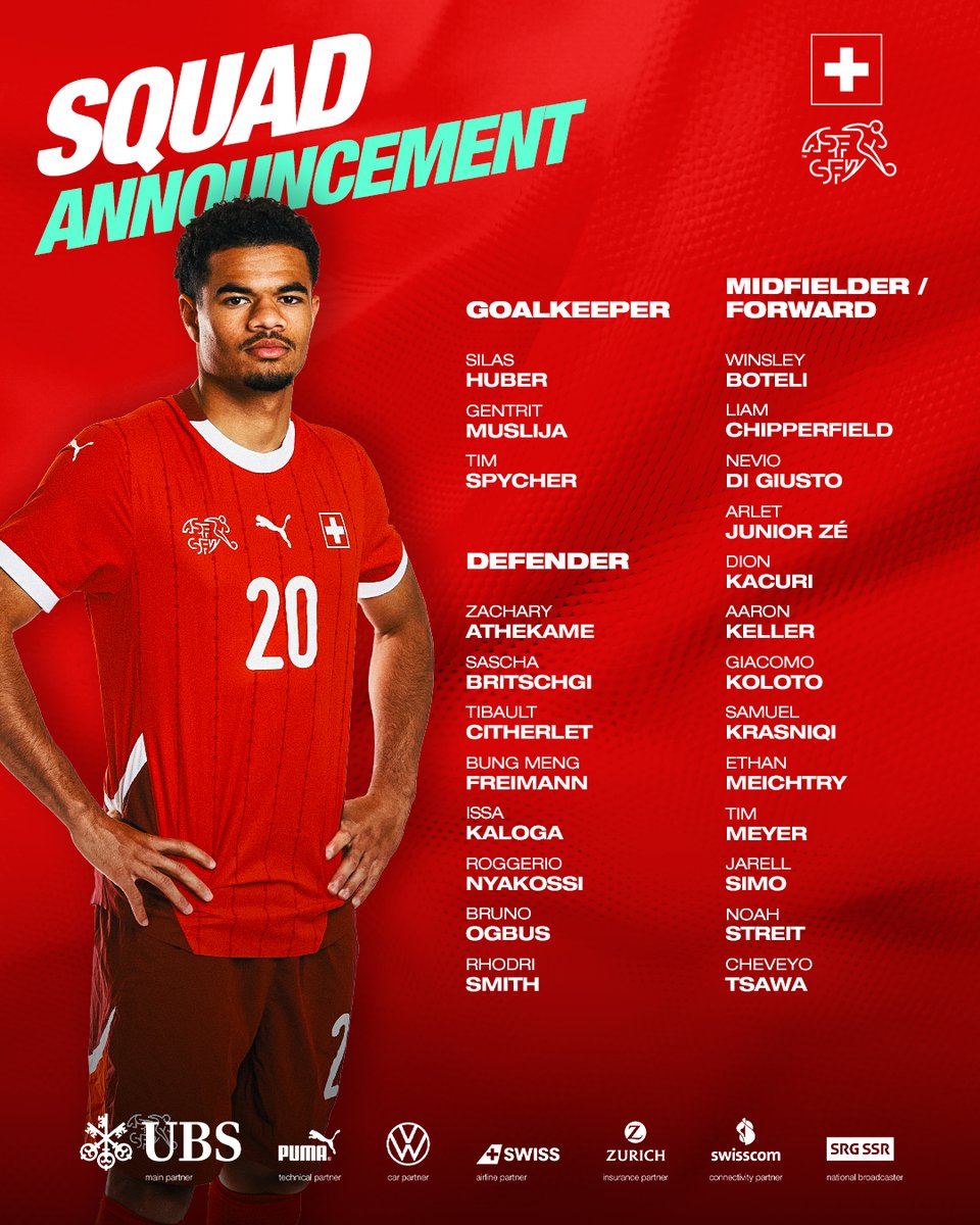 nati_sfv_asf's tweet photo. U21: Unser Kader für die beiden Partien in Thun 👇🔥
M21: Notre sélection pour les deux matchs à Thoune
Under 21: La nostra rosa per le due partite a Thun

🇨🇭🆚 🇫🇴 📅 27.3
🇨🇭🆚 🇪🇪 📅 31.3
🕗 20:00
🏟️ Stockhorn Arena
🎟️ https://t.co/cjM6IX8Xn5 https://t.co/DvBrpzmpWD