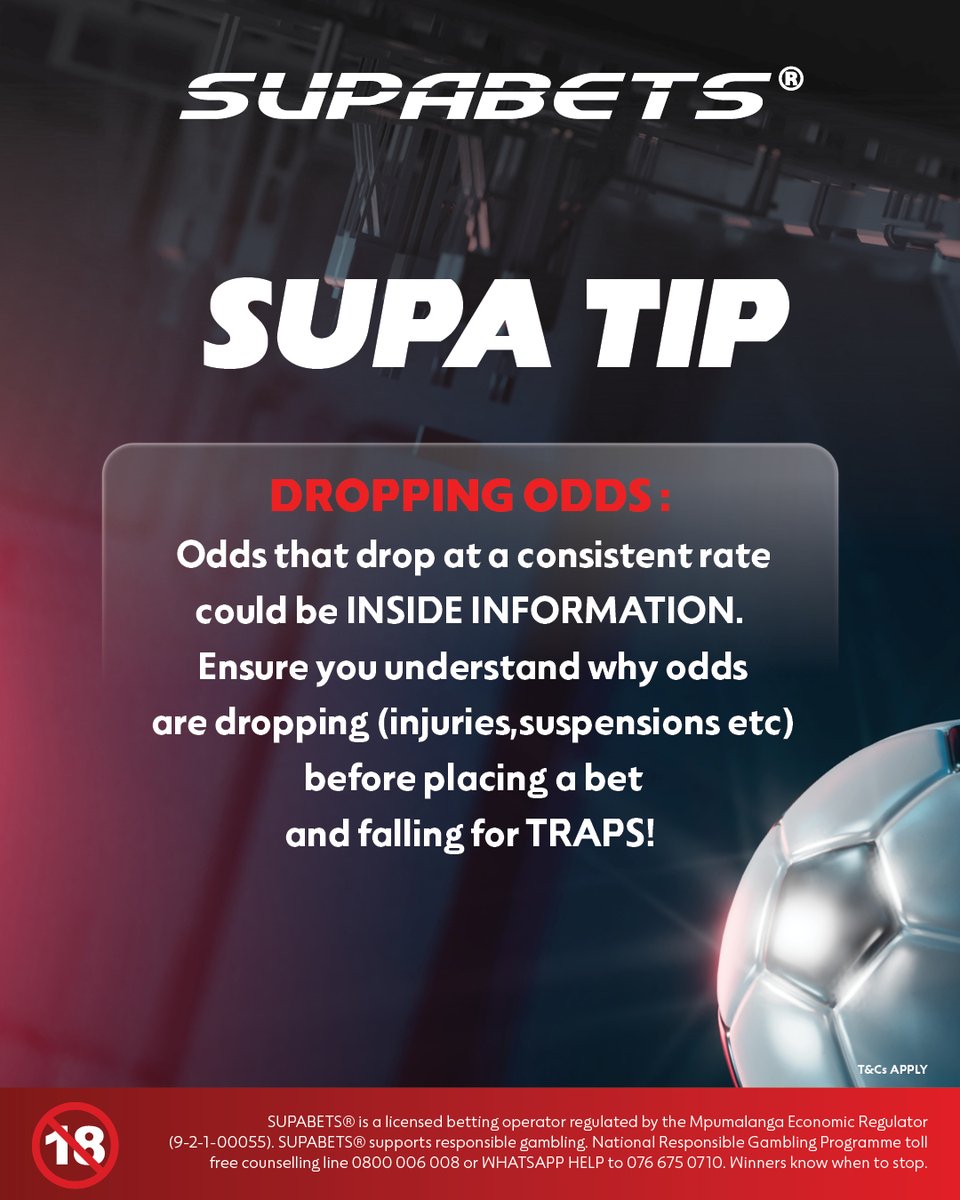 Supabets_mzansi's tweet image. 💡SUPA TIP - DROPPING ODDS 📈

Pay close attention to the ODDS😉

#Supatip #BetResponsibly #Supabets

18+| Bet Responsibly