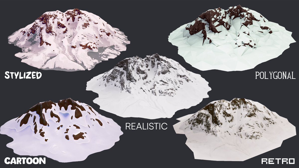 Kalysteon's tweet photo. I’ve been experimenting with Gaea 2 to see how versatile the nodes are for non-photorealistic styles. I managed to create these 5 variants starting from the same base mountain (which I’ve made too).
#gamedev #indiedev #unity3d #ue5 #environmentart #3dart #leveldesign #GameAsset https://t.co/boexsM8WQQ