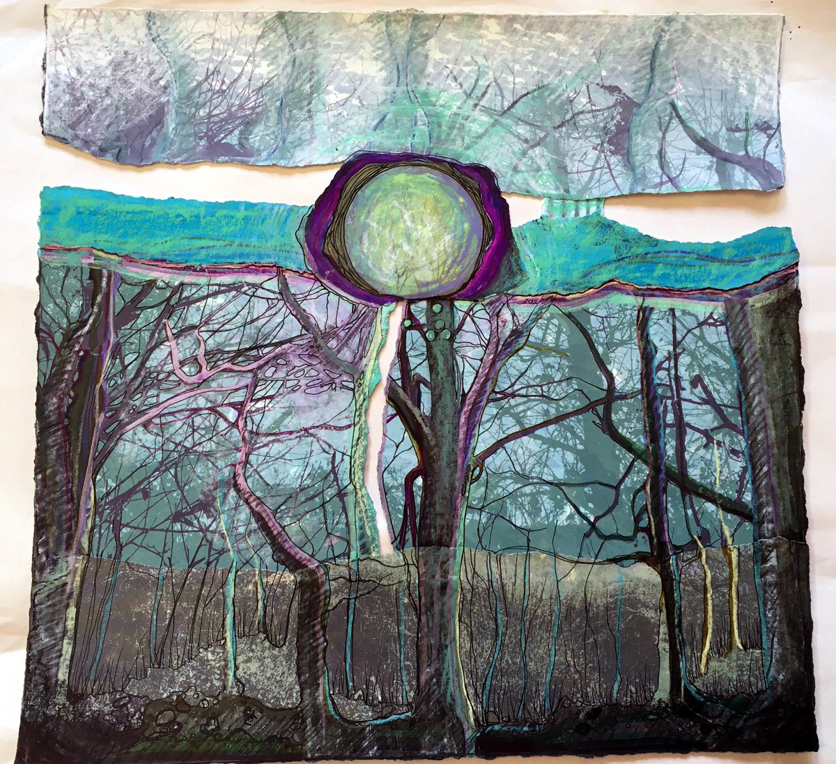 RuthMcDonald1's tweet image. A mixed media collage is a monoprint overworked with watercolour pastels and screenprints reminiscent of woodland moonlight and the sky at night  I do like to be ambiguous #thurday  #print #Texture #moonlight #pastels #mixedmedia #artist #artwork #monoprint #blues #seascape #art