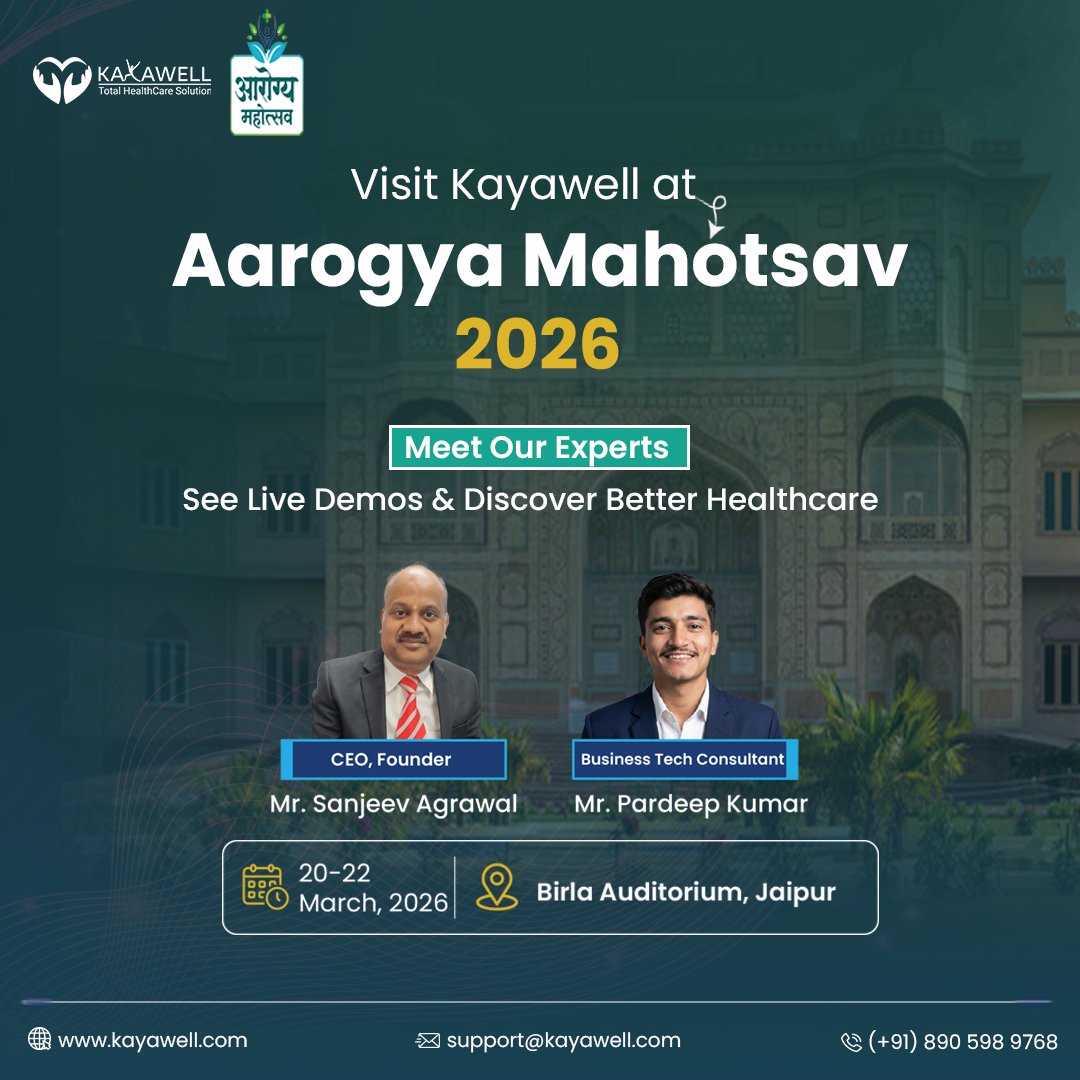 KayaWellHealth's tweet photo. Kayawell is at Aarogya Mahotsav 2026 in Jaipur 🚀

Meet Mr. Sanjeev Agrawal &amp; Mr. Pardeep Kumar and explore the future of digital healthcare.

#AarogyaMahotsav #DigitalHealth #HealthTech #Kayawell https://t.co/3s3kZPVuiH