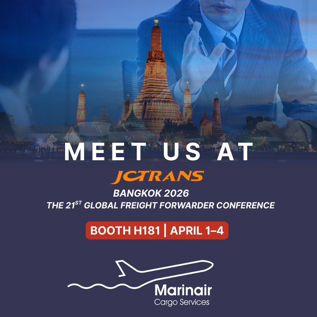 Marinair_Cargo's tweet image. 📍 Bangkok | April 1–4
We’re heading to JCtrans 2026
📍 Booth H181

Let’s talk real opportunities, not just introductions.
👉 See you there

#Marinair #JCtrans #FreightForwarding #Networking
@JCtransJCtrans