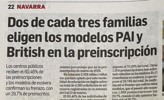 En #Tudela los padres y madres han elegido para sus hijos /as, las 272 nuevas solicitudes, el modelo PAI y British. Todos. Durante estos meses solo se ha visto por nuestras calles, por parte de Gob. de #Navarra, una campaña de info de un único modelo (euskera). Libertad elección.