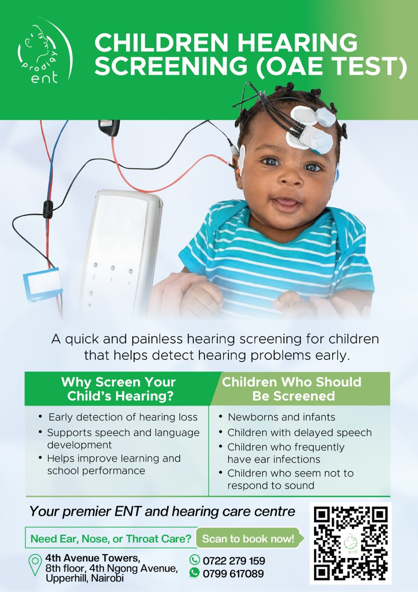 prod39404's tweet image. OAE test = quick, painless hearing screening—even for newborns.

✔️ Takes minutes
✔️ No discomfort
✔️ Detects issues early

Early detection matters.

📍 Prodigy ENT, Upperhill
📞 0722 279 159 | WhatsApp 0799 617 089
#OAE #ProdigyENT #ChildrenHealth