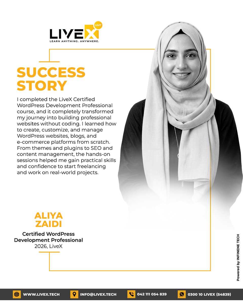 LiveXtech's tweet photo. Aliya Zaidi turned her passion into a profession with LiveX’s WordPress Development course. From building websites to managing e-commerce platforms, her journey is a true inspiration for aspiring freelancers.

#SuccessStory #WordPressDevelopment #FreelancingJourney https://t.co/GeXgdRPtui
