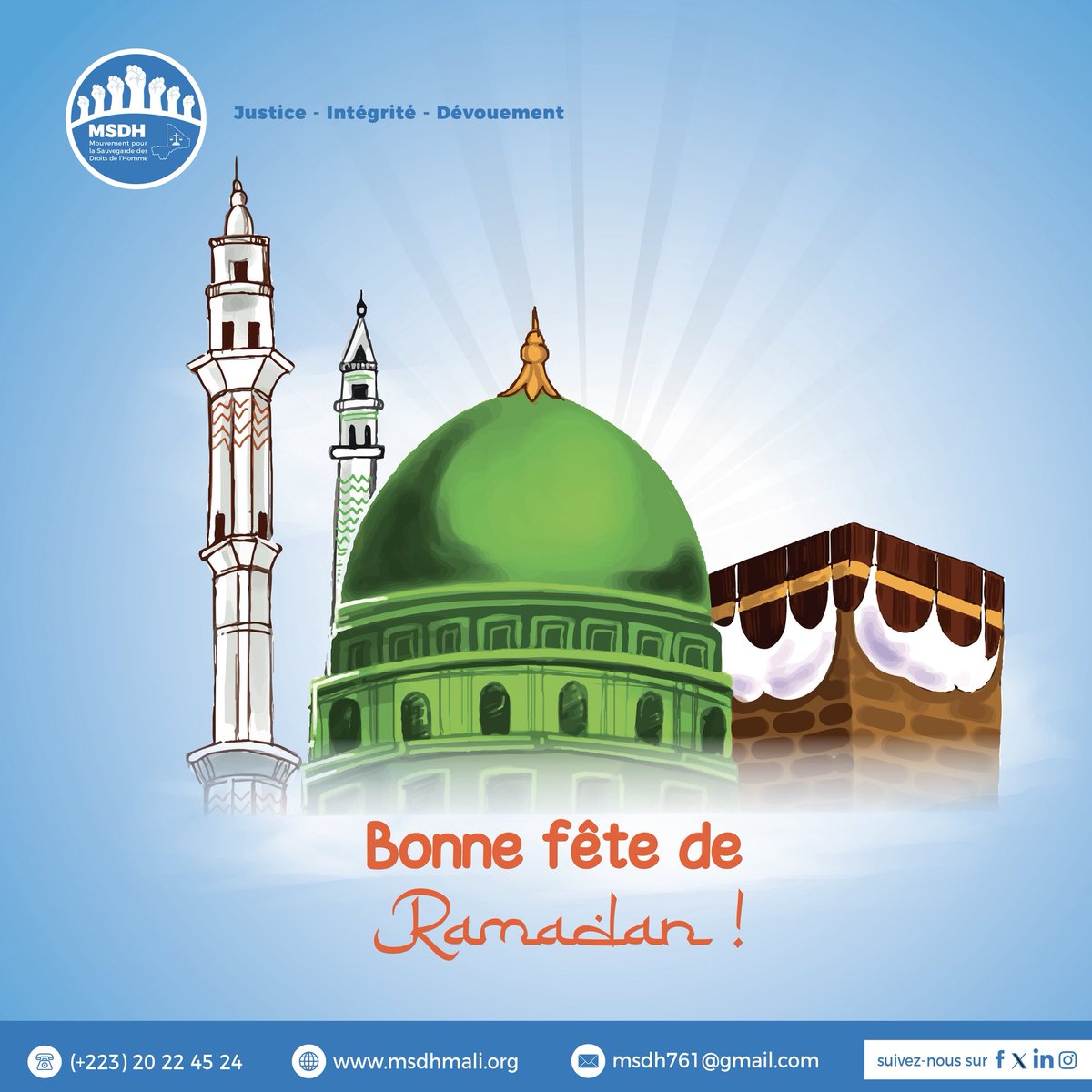 msdhmali's tweet photo. Excellente fête de Ramadan à toutes et à tous !

À l’occasion de ce mois sacré, le Mouvement pour la Sauvegarde des Droits de l’Homme vous adresse ses vœux les plus chaleureux.

Que ce mois béni soit pour chacun un temps de paix et de partage sincère. https://t.co/xIhJsr4uOC