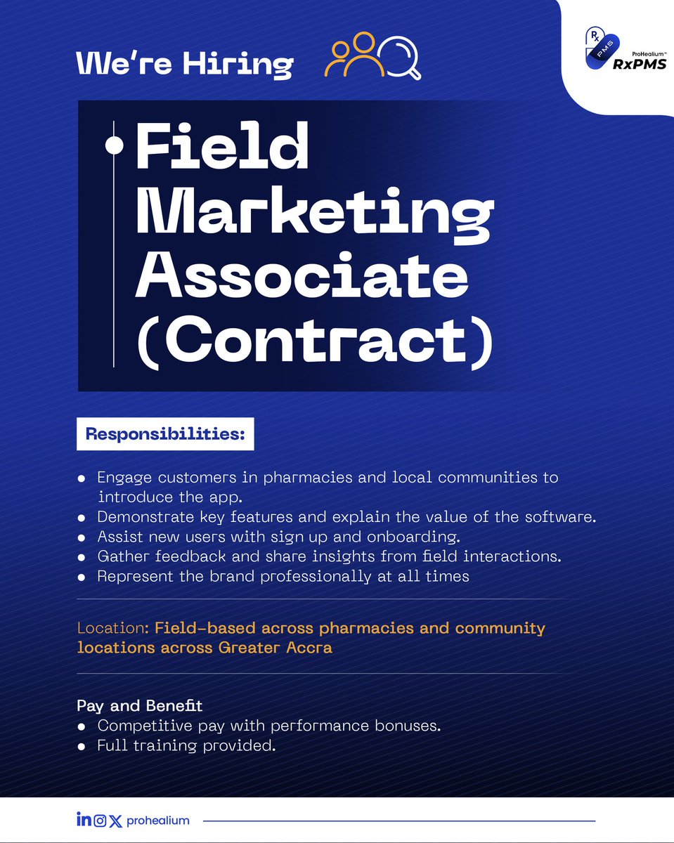 prohealium's tweet photo. 🚀 We’re Hiring in Greater Accra!

Field Marketing Associate (Contract) – ProHealium RxPMS

✅ Competitive pay + performance bonuses
✅ Full training provided

📅 Apply before March 27, 2026 | 11:59 PM GMT

🔗 https://t.co/ppa4b0Cs5P https://t.co/xZ0b1shvT1