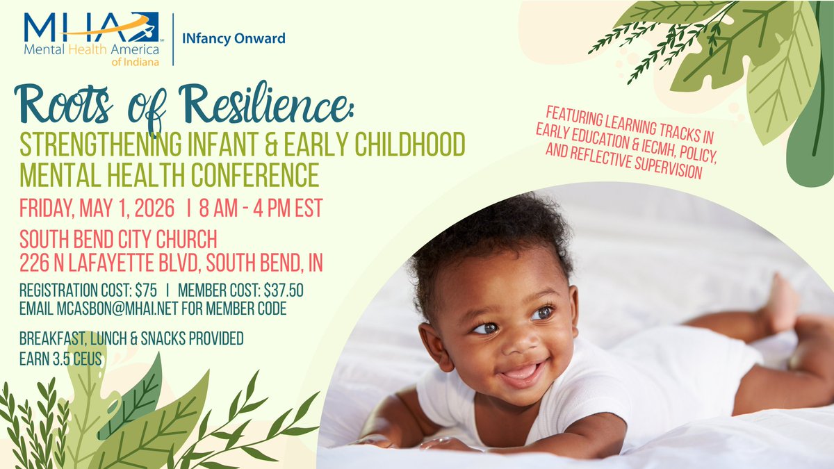 Register for INfancy Onward’s Spring Conference!
📅 May 1 | 📍 South Bend, IN
Join us for 2 keynotes + 4 tracks (IECMH, Early Ed, Policy, Reflective Supervision).
🔗 mhai.givevirtuous.org/Event/roots-of…

💡 Discounts available for endorsed members!