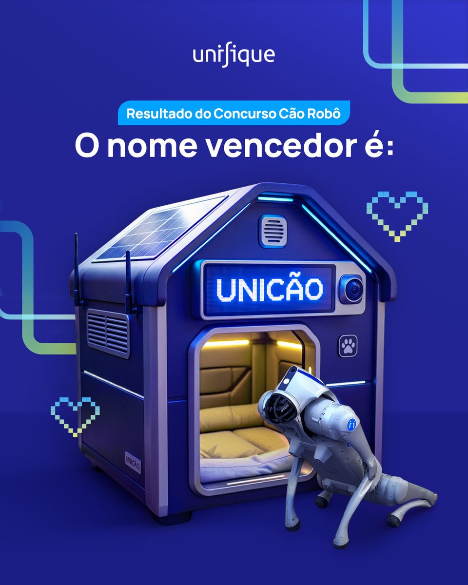 Chegou a hora de revelar: o nosso mascote robô agora se chama UNICÃO! 🐶🤖

E quem levou a melhor foi a Nicole Borges Moreira.🏆
Parabéns, Nicole! Você ganhou 1 ano de plano de celular com a Unifique 

Agora é oficial: podem dar as boas-vindas ao Unicão