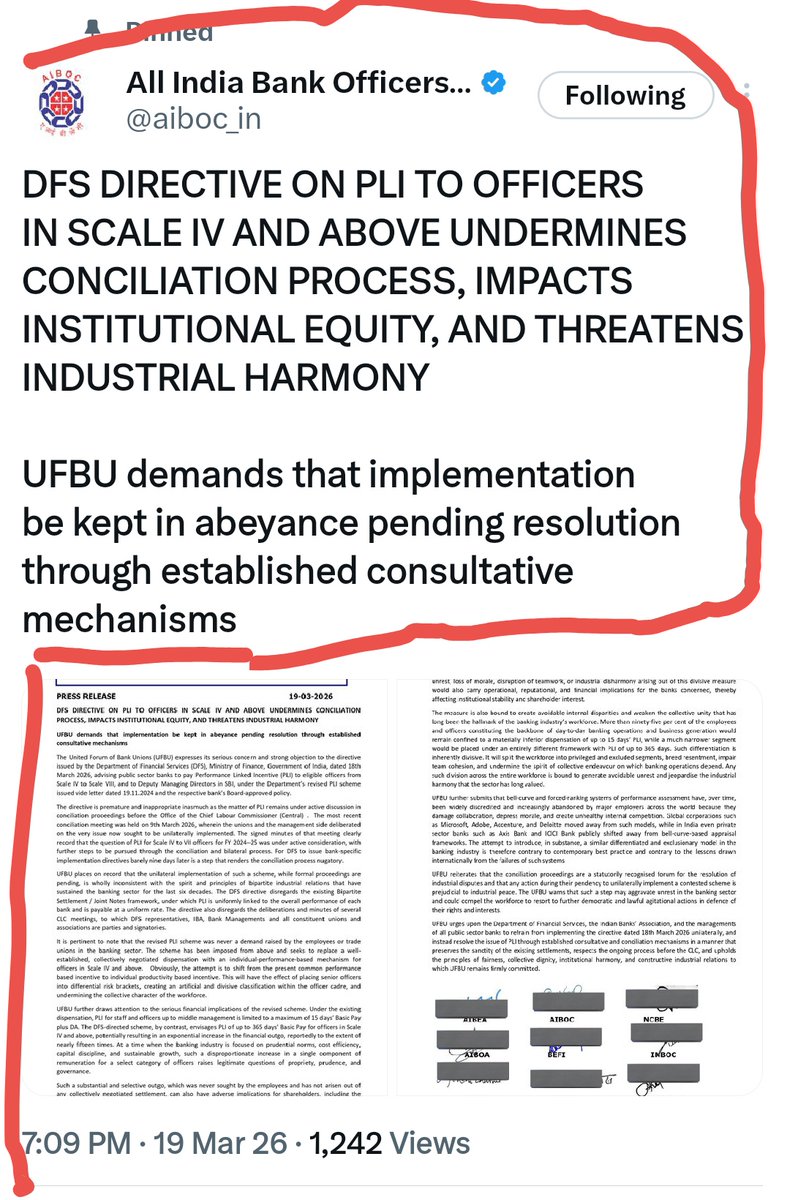 स्टाफ की भारी कमी जैसे मूल मुद्दों को नजरअंदाज कर #PLI पर खर्च करना “फूट डालो और शोषण करो” जैसी  अति निंदनीय ब्रिटिश नीति का संकेत देता है। यह दबाव बैंककर्मियों में बढ़ती मानसिक थकान, हृदय समस्याओं और आत्महत्या जैसी चिंताओं को और गंभीर बना सकता है।  #BankersOpposePLI
<a href="/PMOIndia/">PMO India</a>