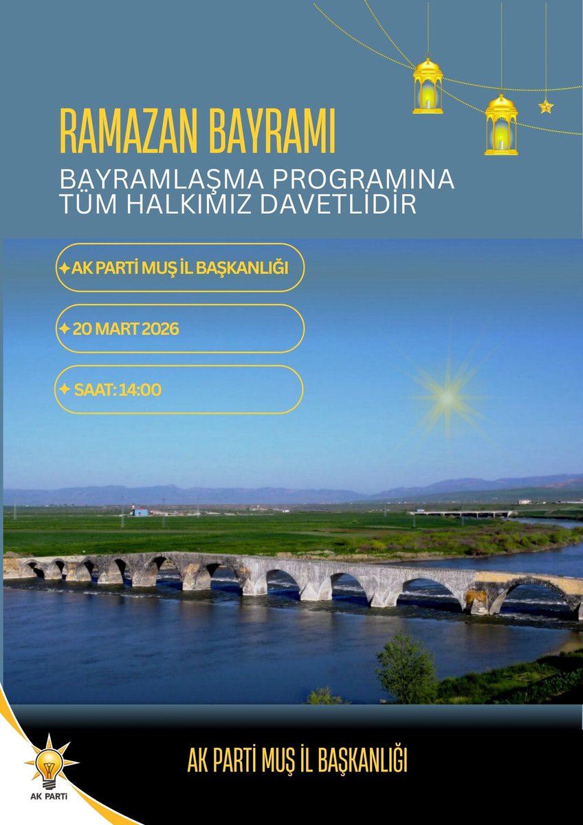 Bayramın birlik, beraberlik ve kardeşlik iklimini hep birlikte paylaşmak üzere; tüm dava ve yol arkadaşlarımızı ve kıymetli hemşerilerimizi bayramlaşma programımıza bekliyoruz. 

⏰ 14.00
📅 20 Mart Cuma Günü 
📍 AK Parti Muş İl Başkanlığı