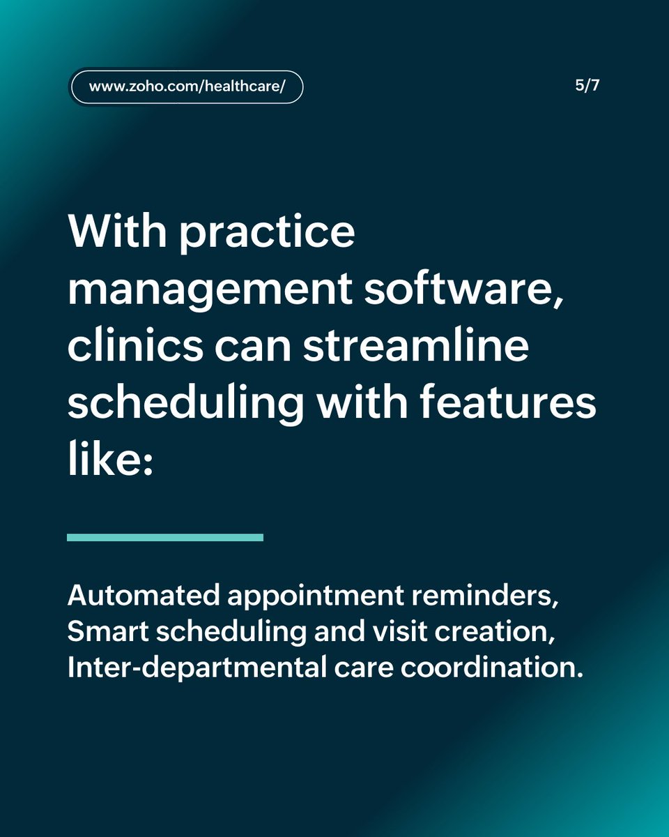 ZohoHealthcare's tweet photo. With the right #PracticeManagementSoftware, clinics can automate scheduling, reduce no-shows, and improve care coordination—while easing the administrative burden on staff.

Because better scheduling isn’t just about efficiency.
It’s about delivering better care. https://t.co/LwPvyUyVgN