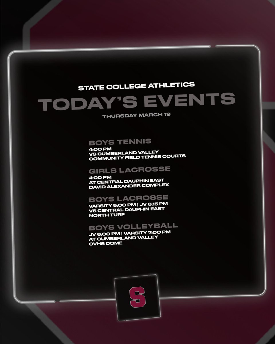 scasdathletics's tweet photo. Today's Events:
๐พ Boys Tennis v Cumberland Valley - 4pm
๐ฅ Girls Lacrosse at CD East - 4pm
๐ฅ Boys Lacrosse v CD East - Var 5pm / JV 6:15pm
๐ Boys Volleyball at Cumberland Valley - JV 6pm / Var 7pm
#RepresentSC https://t.co/qTATJ3vGZa