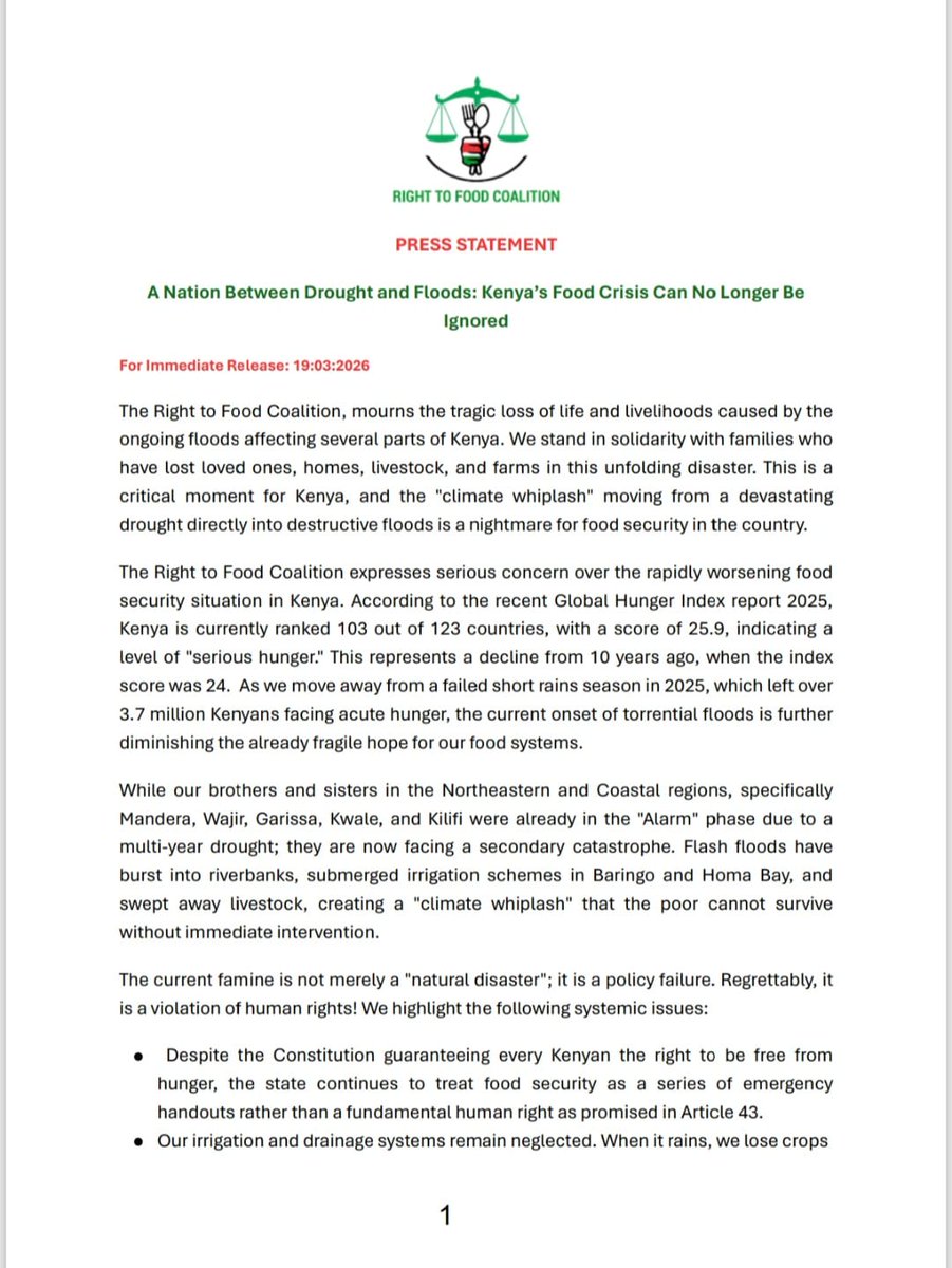 FoodCoalitionKE's tweet photo. 🚨 STATEMENT ALERT 
Kenya is facing food crisis driven by climate extremes shifting from drought to devastating floods. Millions are at risk, livelihoods are collapsing, and hunger is deepening.  This is not just a natural disaster it’s a policy failure and human rights issue https://t.co/CLPR4C0dKG