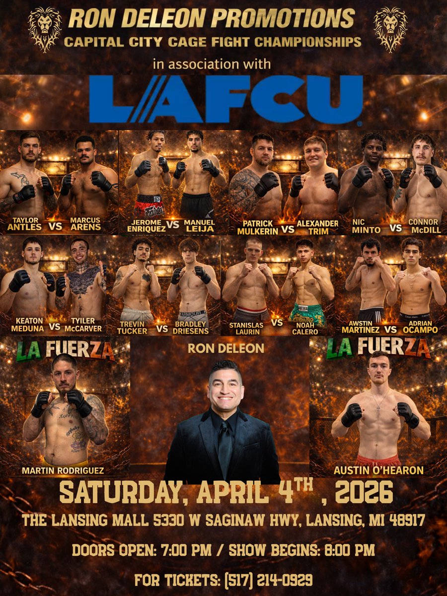 DELEONPROMO's tweet photo. The Capital City Cage Fight Championships return on Saturday April 4, 2026. For tickets call 517-214-0929. https://t.co/px4UGNKkC4