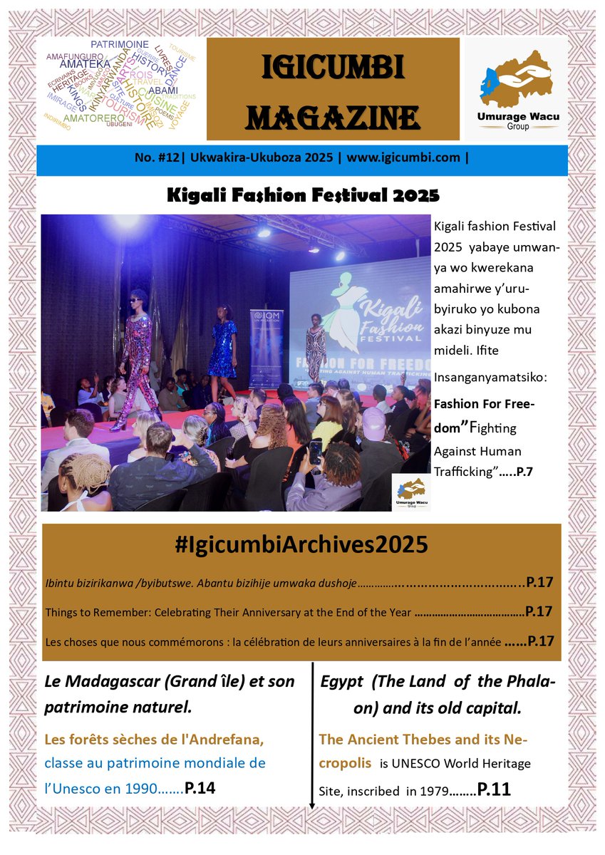 Igicumbi1's tweet photo. #IgicumbiMagazine #Issue12
#English: Egypt (The Land of the Phalaon) and its old capital. @ExperienceEgypt  @EGYPTAIR 
#Français: Le Madagascar (Grand île) et son patrimoine naturel. @IleMadagascar 
#IgicumbiArchives2025: 70 selected.
https://t.co/hCeQbNEb4a https://t.co/H3gQdXRyBX