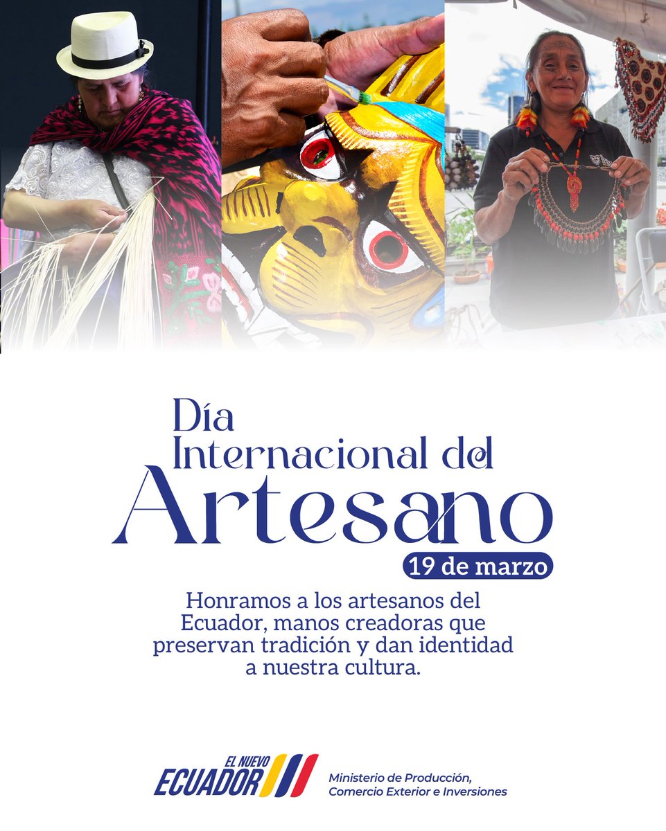Honramos el talento y la dedicación de los artesanos ecuatorianos. 🛠️👐🏻 Desde el Ministerio de Producción impulsamos su labor como un pilar fundamental de la economía y la cultura nacional.
​¡Manos que crean, manos que construyen futuro!👏🏻
​#ElNuevoEcuador