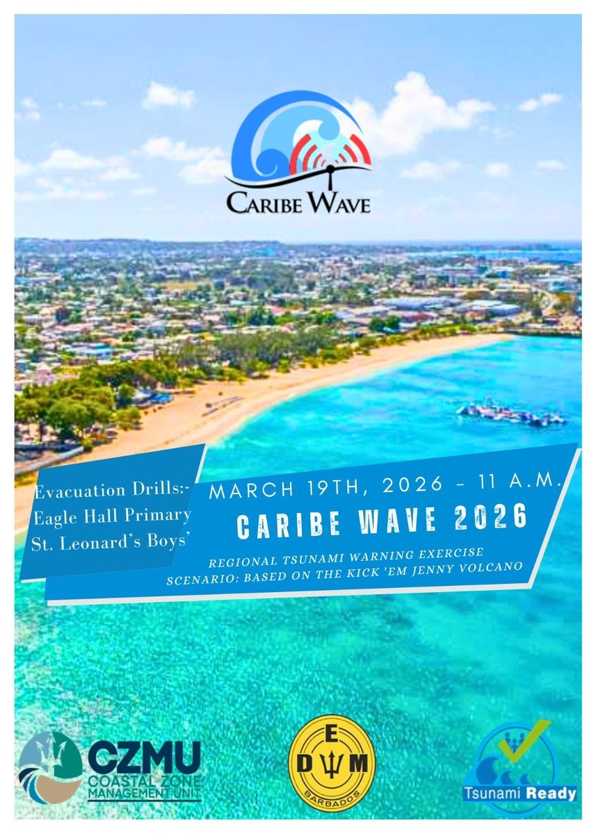 dem_barbados's tweet photo. 🌊🚨 CARIBE WAVE 2026 🚨🌊

Today at 11AM, Barbados joins the regional tsunami exercise based on the Kick ’em Jenny scenario.

Drills: Eagle Hall Primary &amp; St. Leonard’s Boys’

Expect NEOC/SEOC activation &amp; partner support. Please use caution nearby—this is a drill.

#CaribeWave https://t.co/AESg1OHB86
