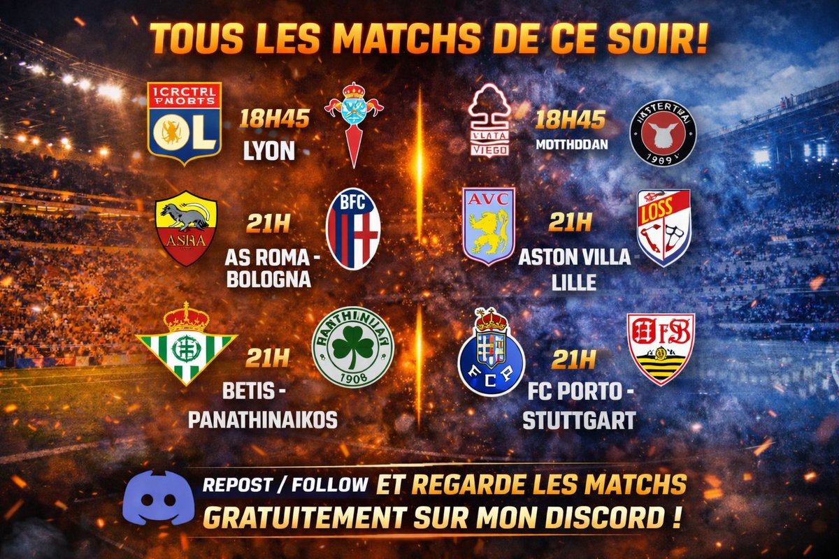 spinzocazino's tweet photo. 🔥 SOIRÉE EUROPA  

⚽ Lyon - Celta Vigo 
⚽ Aston Villa - Lille 
⚽ AS Rome - Bologne 
⚽ Strasbourg - Rijeka 
⚽Porto - Stuttgart
⚽Betis - Panathinaikos

💸 50€ FREEBET OFFERTS sur ton dépôt : https://t.co/ZK4NdUknEl
👉 LIEN DU MATCH : https://t.co/YBk2wyYYzF

RT + FOLLOW POUR ÊTRE ACCEPTÉ ❤️  

#UCL #LDC #EUROPA #ASROME #LILLE #STRASBOURG #LYON #FOOT