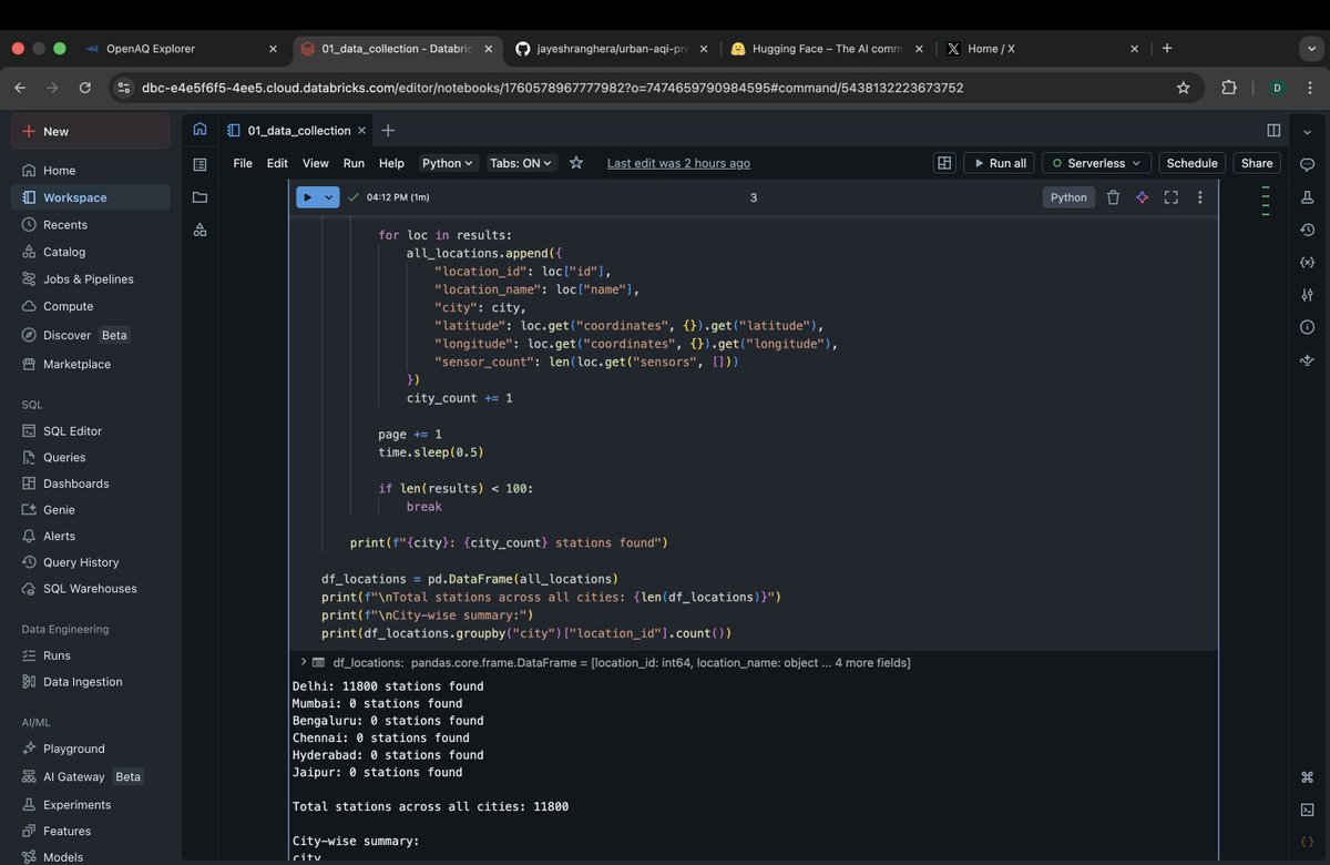 jayeshranghera's tweet photo. Day 1 of building Urban Air Quality Prediction dashboard.

Delhi alone: 11,800 air quality monitoring stations.

Stack: OpenAQ API → Databricks → PySpark → Hugging Face Spaces

Just getting started. Updates coming.

#BuildInPublic #DataScience #AirQuality https://t.co/H4J1AUELIJ