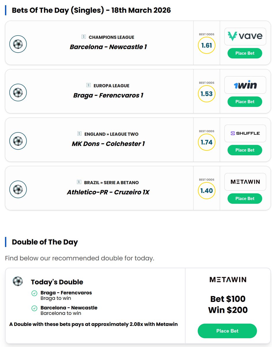 betandskill's tweet image. 🏆It's time to collect our winnings! 🤑

All our yesterday's singles, the double, the treble, and the #acca of the day were winners!

What a fantastic evening!

#footballtips #bettingtips #GamblingX #UCL #UEL #UECL #EUropaLeague

Check today's tips here 👇
betandskill.com/predictions/fo…