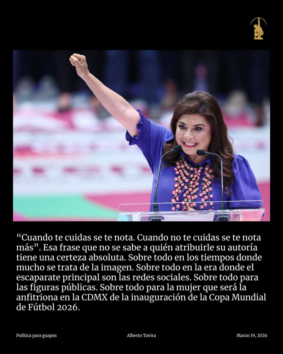 ElIndpendiente's tweet photo. #PolíticaParGuapos
“Cuando te cuidas se te nota. Cuando no te cuidas se te nota más”. Esa frase que no se sabe a quién atribuirle su autoría tiene una certeza absoluta. Sobre todo en los tiempos donde mucho se trata de la imagen. Sobre todo en la era donde el escaparate principal son las redes sociales. Sobre todo para las figuras públicas. Sobre todo para la mujer que será la anfitriona en la CDMX de la inauguración de la Copa Mundial de Fútbol 2026.

La #opinión de Alberto Tavira en #Elindependientemx
https://t.co/Y9xzoNWXMq