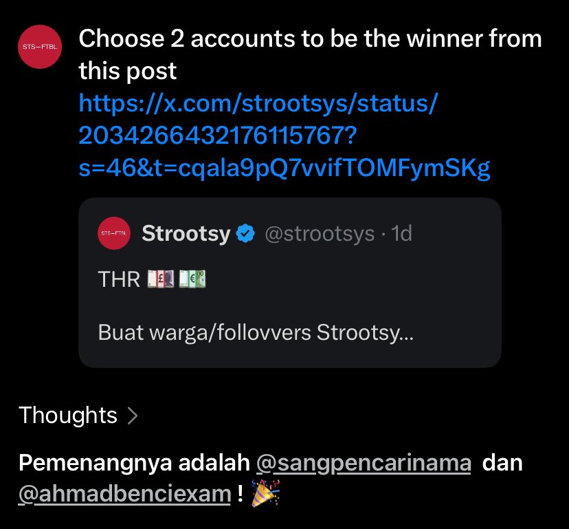 [Winner announcement]

Selamat buat <a href="/sangpencarinama/">Nama Masih Dicari</a> &amp; <a href="/ahmadbenciexam/">Ahmad</a>! Boleh kirim details e-money/rekening via DM ya. Ditunggu 1x24 jam