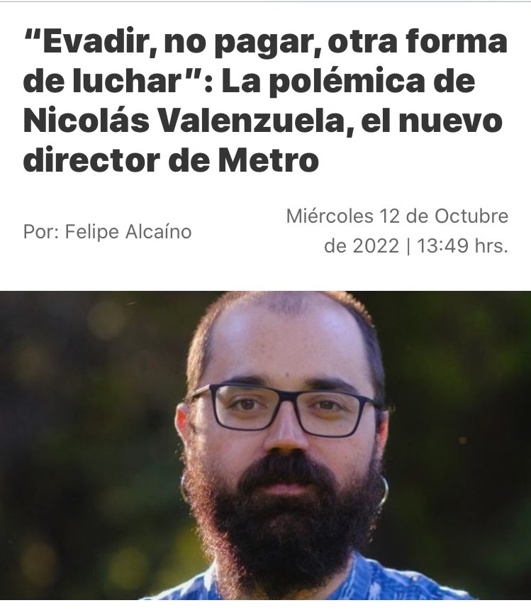 HAGAMOS FUERZA PARA SACAR A LOS PARÁSITOS DE BORIC 🌳 Cuando lo sacan ? Renuncio ?👇🏼

Nicolás Valenzuela, director de Metro de Santiago en 2022, generó controversia por tuits del 18 de octubre de 2019 que apoyaban la evasión en el transporte público.