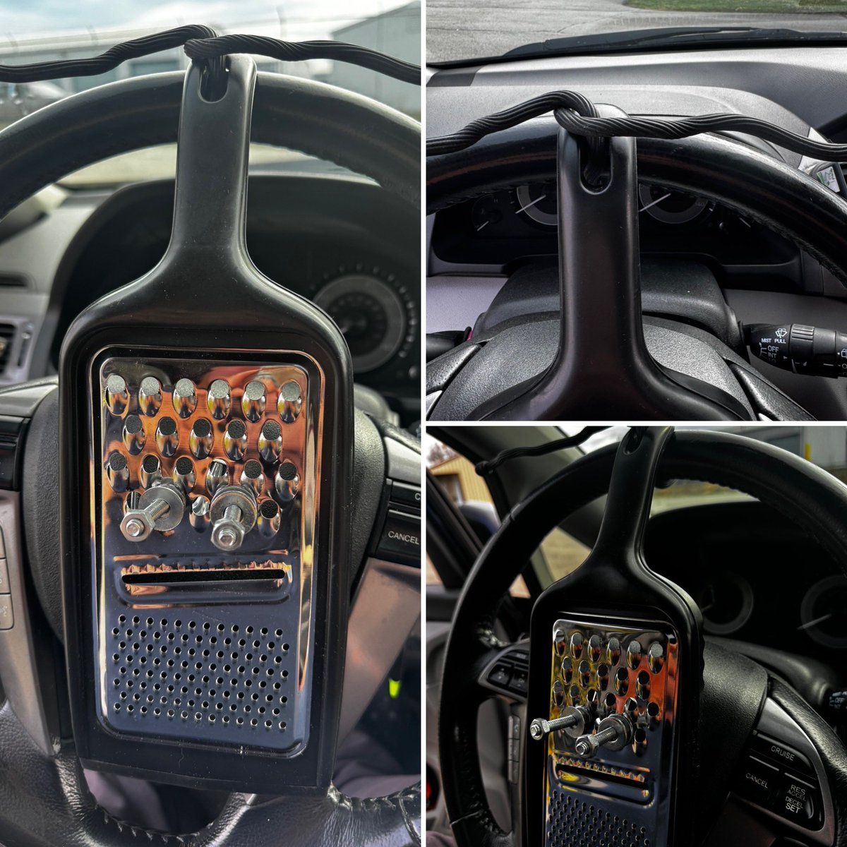 NowHeresYou's tweet image. Dollar tree hack. Built a phone holder for my steering wheel. Took a food grater added a couple bolts. I can use my phone in landscape and portrait mode. It’s held to the wheel with a nite ize gear holder. #niteize #dollartreehacks #dollartree #lifehack #iphone