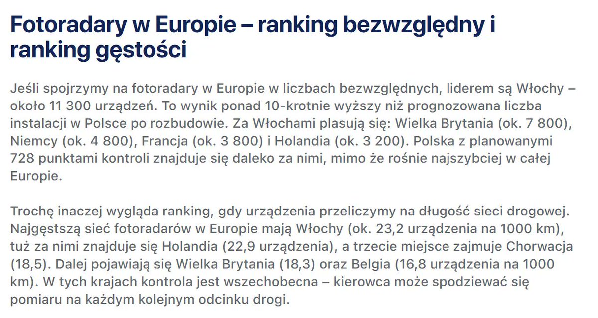 Po wczorajszej skandalicznej wypowiedzi ministra <a href="/DariuszKlimczak/">Dariusz Klimczak</a> jakoby w Polsce nie trzeba było więcej fotoradarów przypominamy, że pod kątem ich ilości Polska nie ma nawet podejścia do znakomitej większości krajów Unii Europejskiej zarówno w ujęciu nominalnym jak i per capita.