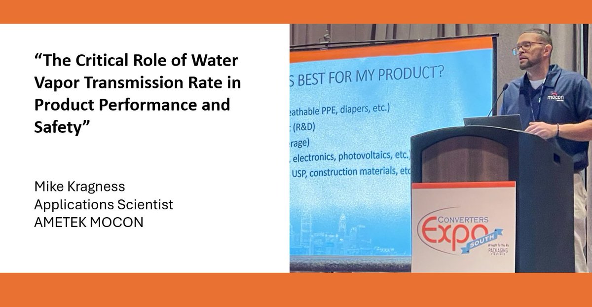 MOCONINC's tweet image. Last month at #ConvertersExpoSouth 2026, AMETEK MOCON expert Mike Kragness shared why WVTR is critical to product performance &amp;amp; safety – across healthcare, PPE, electronics &amp;amp; solar.

Watch the full session here: ow.ly/cm3i50YvixH

#WVTR #MaterialScience #AMETEKMOCON