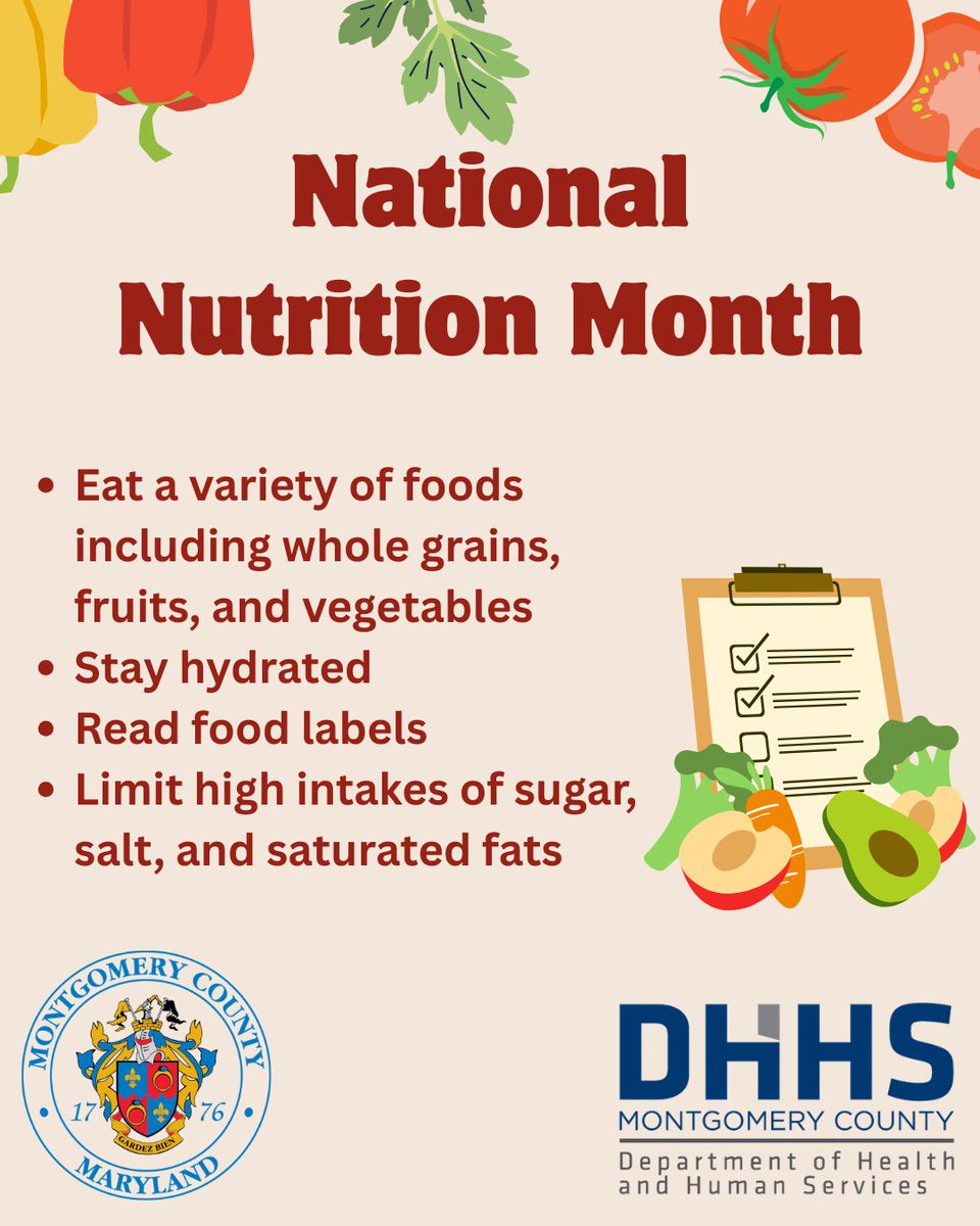 MoCoDHHS's tweet image. March is National Nutrition Month! Small changes to your diet can make a big impact on your long-term health. #NutritionMatters
For local resources, visit montgomerycountymd.gov/ofsr/food/inde…

@MontgomeryCoMD