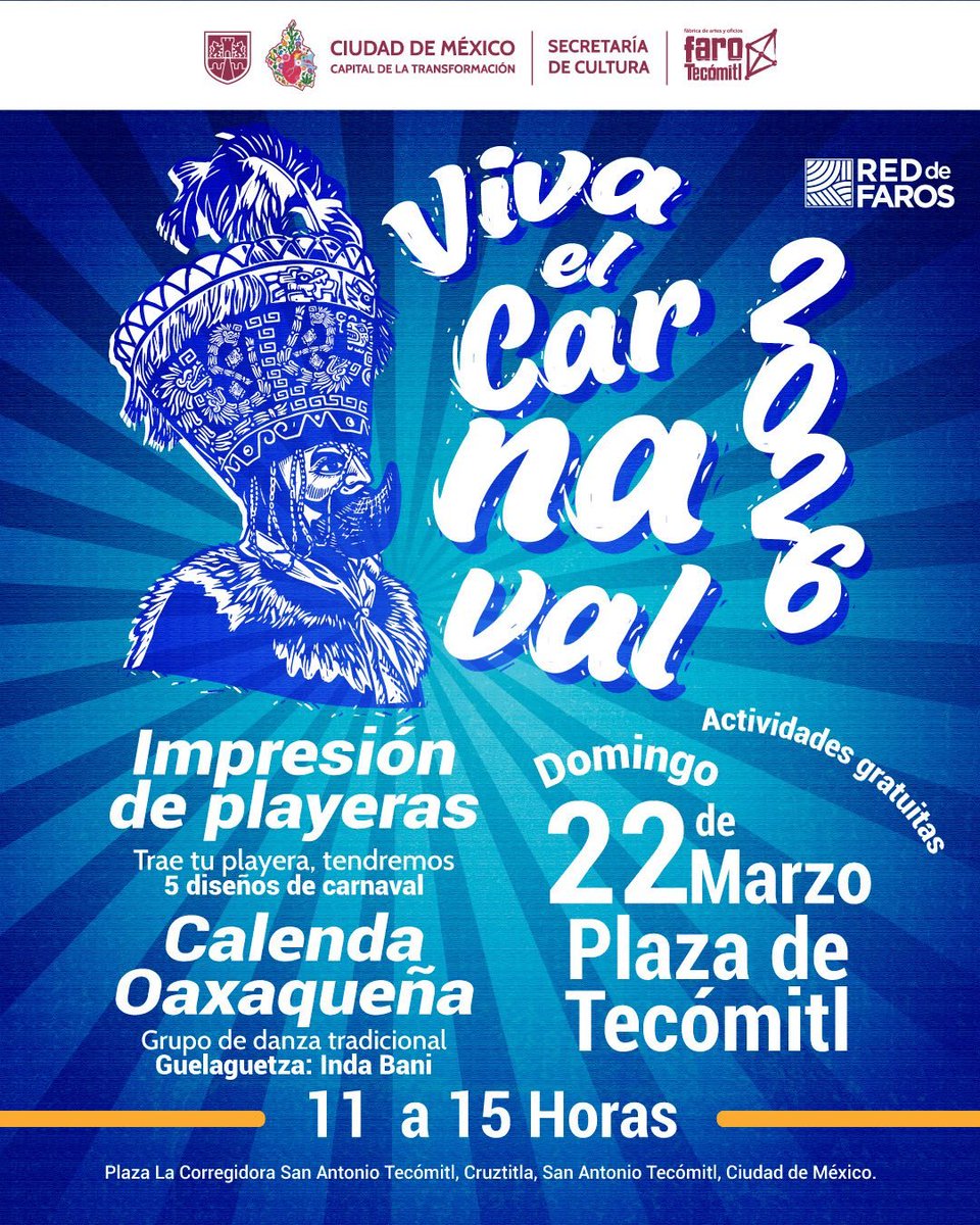 ConoCDMXT's tweet photo. Viva el carnaval
Este 22 de marzo
A partir de las 12:00 hrs.
En @FaroTecomitl https://t.co/js8MG9KsDB